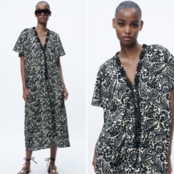 ZARA OVERSIZED BLACK / BEIGE PRINTED TUNIC DRESS 100% Cotton sz XS - Picture 3 of 13